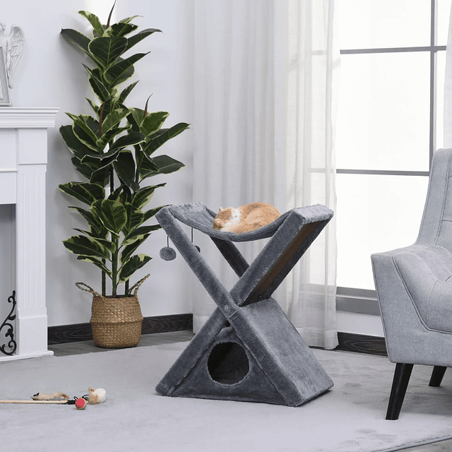 Scratching Tree for Cats Foldable with Cave Hammock Scratching Plate Suspended Balls for Small Spaces Playing and Resting 54,5x32x65cm Gray