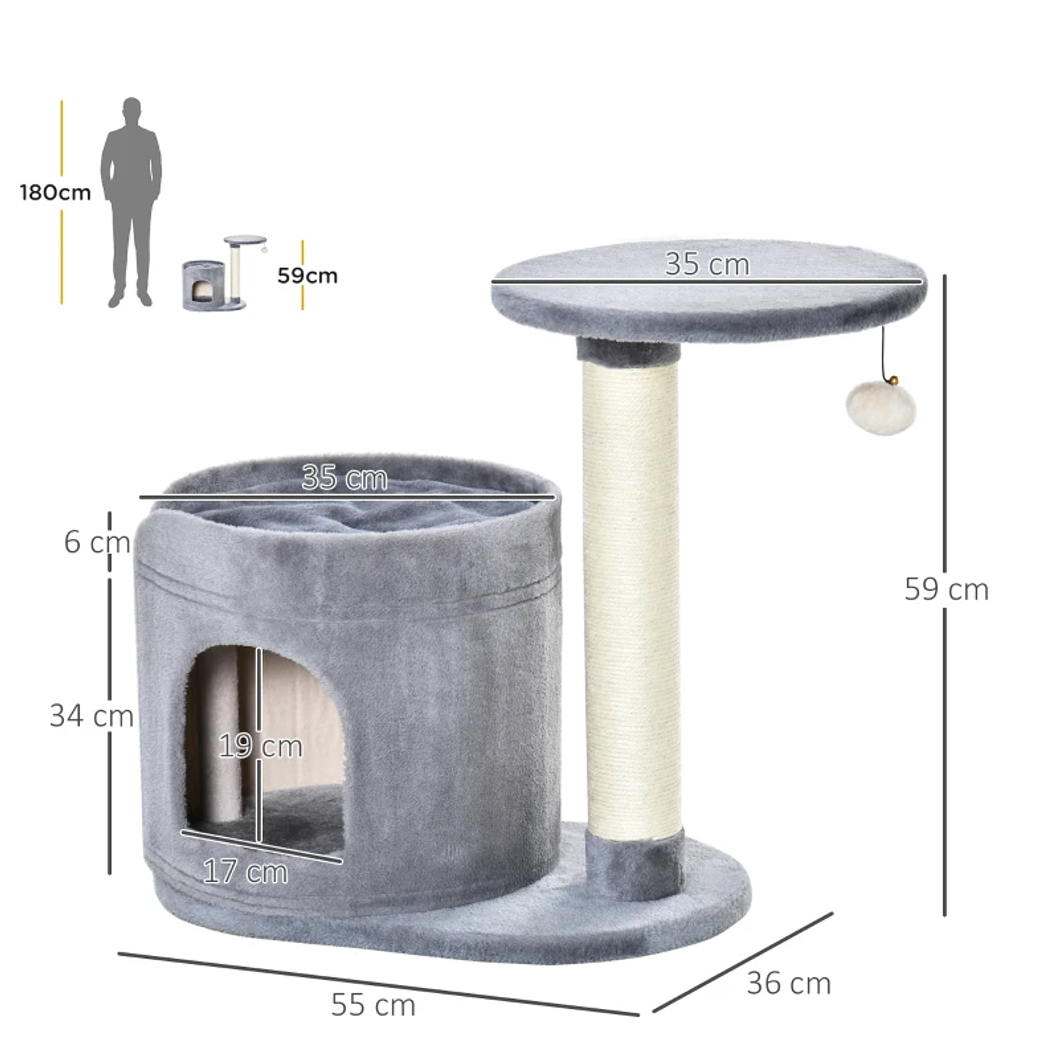 Cat Scratching Tree Small Height 59cm with Soft Plush Cave Washable Cushion Natural Sisal Post Platform and Toy Ball 55x36x59cm Gray 2