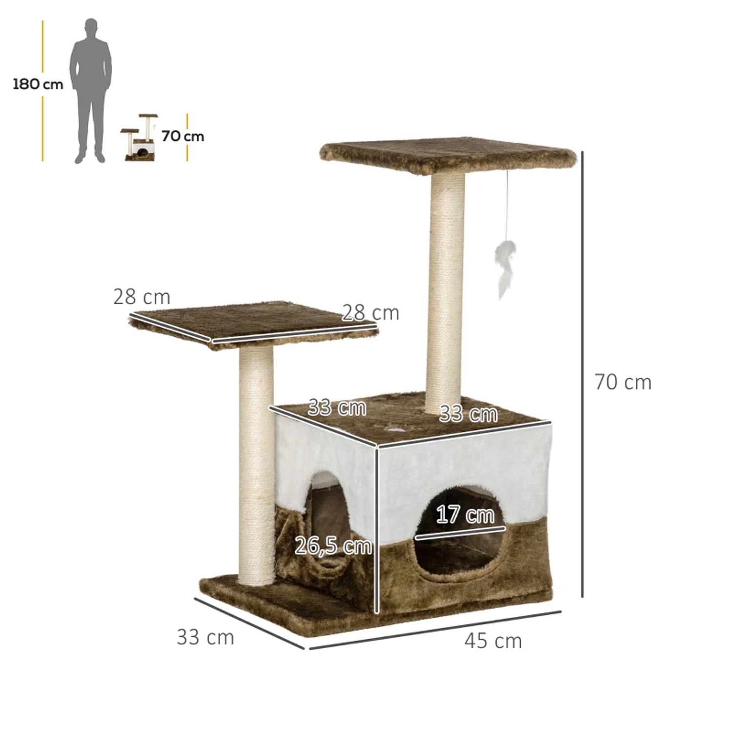 Árbol rascador para gatos Altura 70 cm con cueva de felpa suave 2 plataformas Postes rascadores de sisal natural y juguete colgante 45x33x70 cm Marrón 2