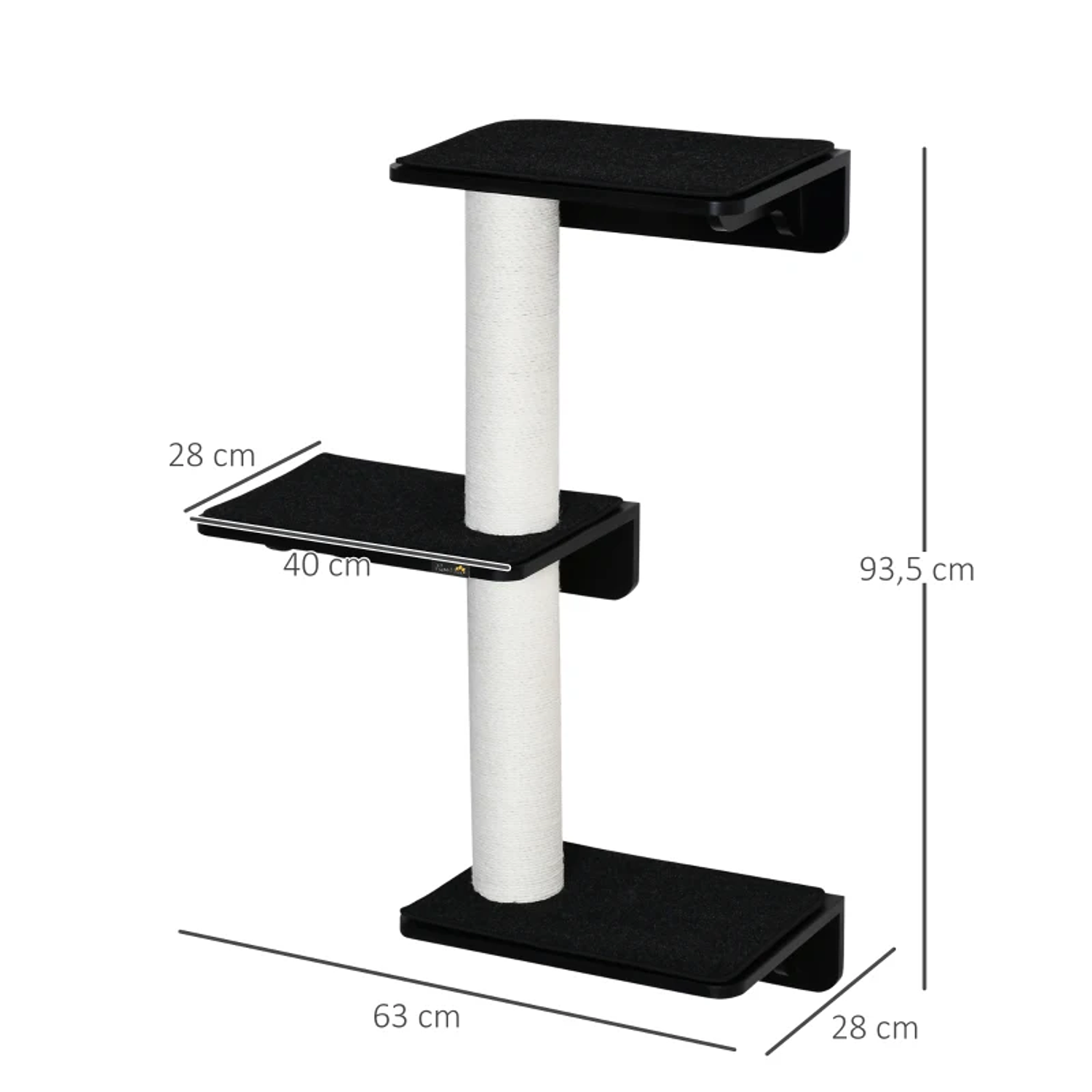 Árbol de pared para gatos con 3 plataformas Cojín extraíble y 2 postes rascadores de yute Torre trepadora 63x28x93,5 cm Negro y beige 2