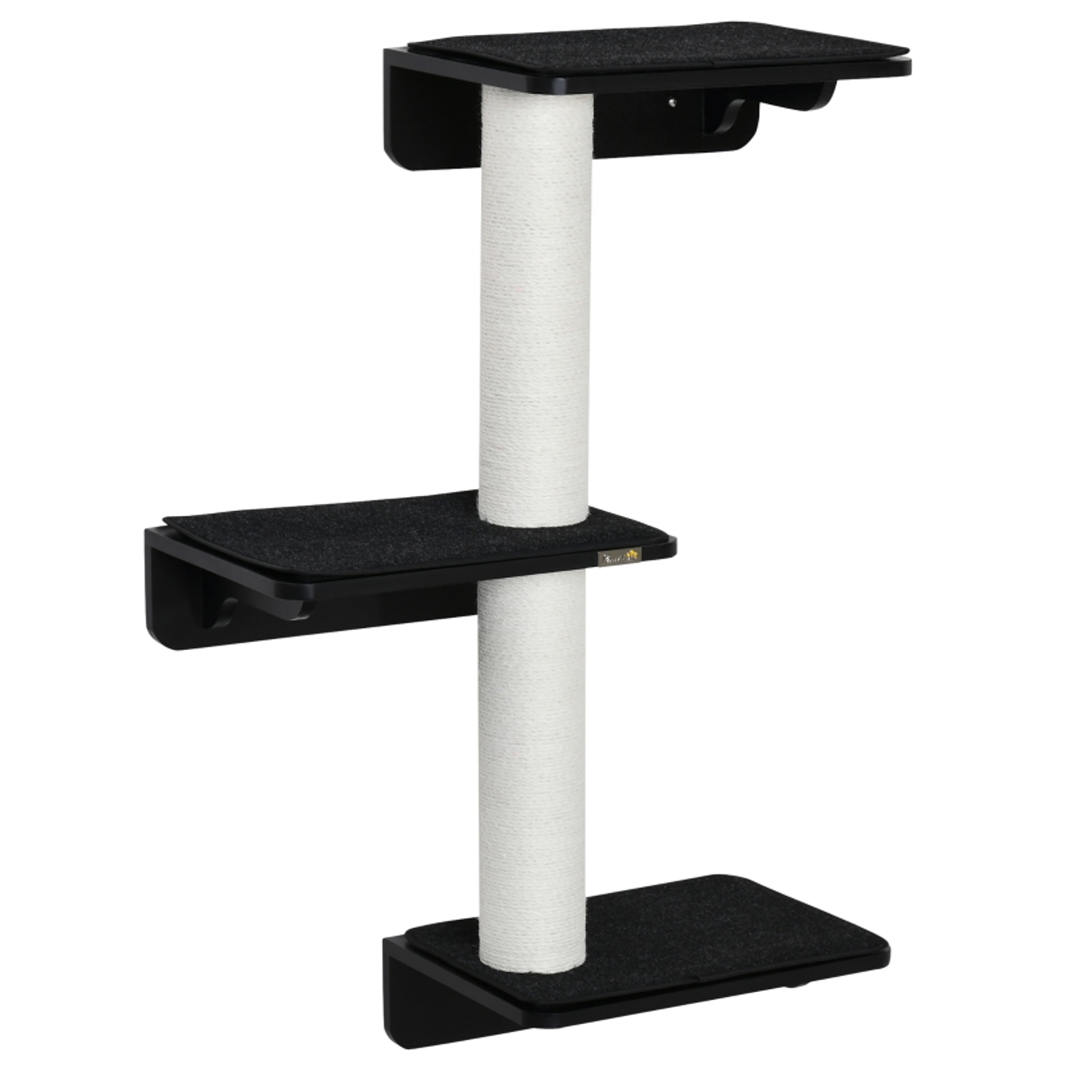 Árbol de pared para gatos con 3 plataformas Cojín extraíble y 2 postes rascadores de yute Torre trepadora 63x28x93,5 cm Negro y beige 3