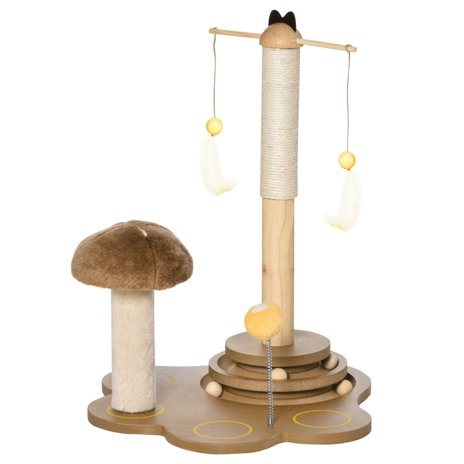 Scratching Post for Cats with Mushroom-Shaped Sisal Posts Suspended Toy Feathers Wooden Ball Track and Ball with Spring 46x44x56,5cm Brown and Beige 1