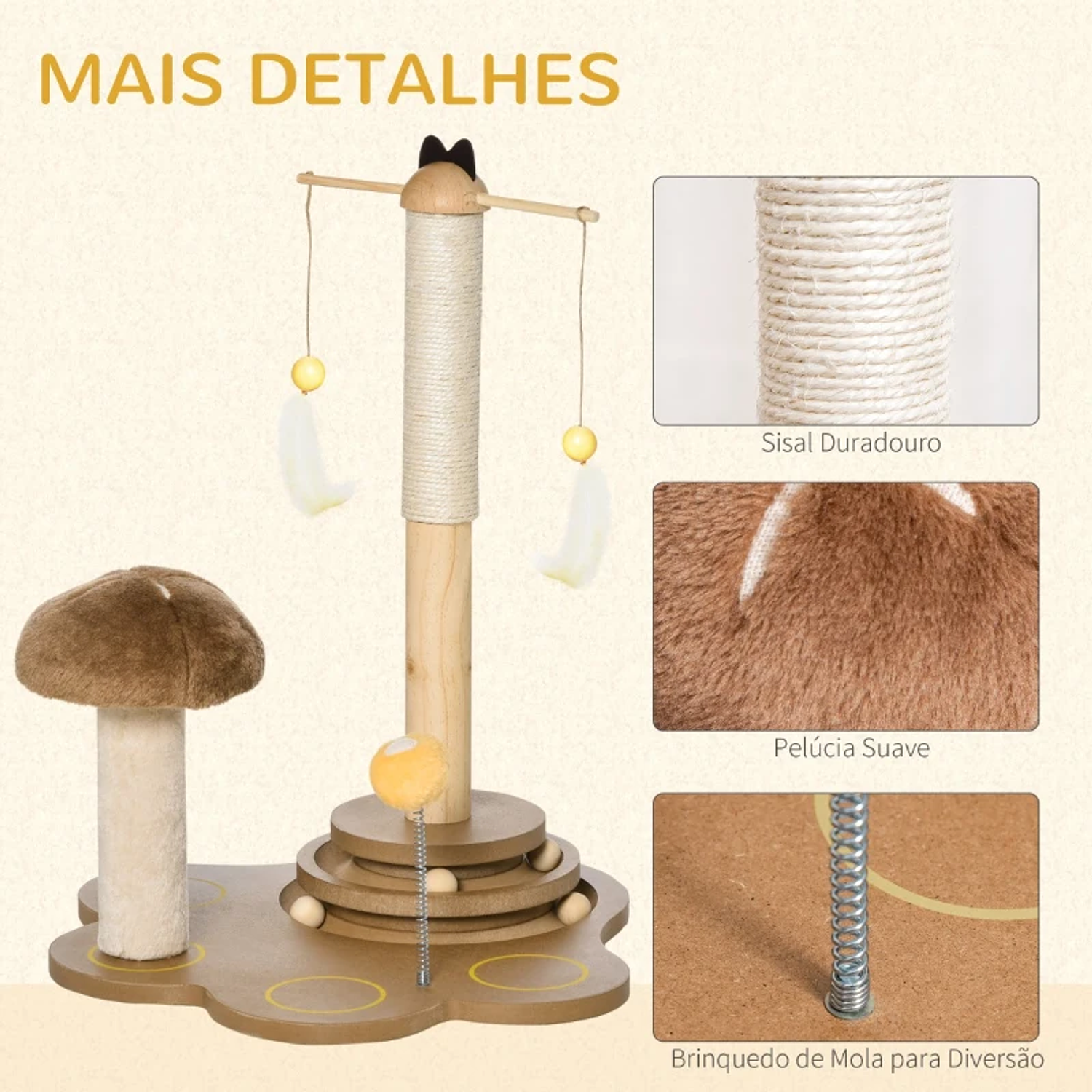 Poste Rascador para Gatos con Postes de Sisal en Forma de Seta Plumas de Juguete Suspendidas Pista de Pelotas de Madera y Pelota con Muelle 46x44x56,5cm Marrón y Beige 5