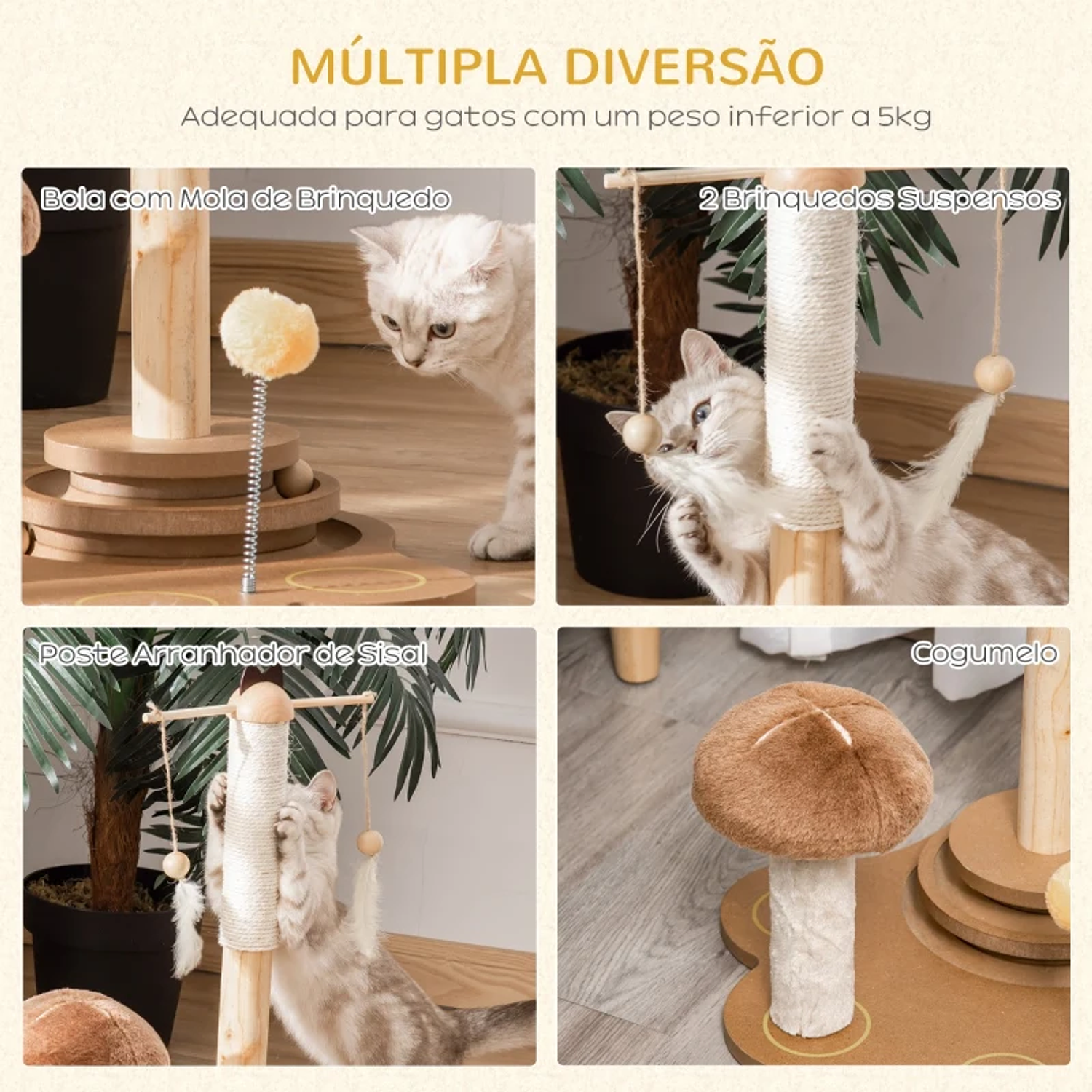 Arranhador para Gatos com Postes de Sisal em Forma de Cogumelo Brinquedo Suspenso Penas Pista de Bolas de Madeira e Bola com Mola 46x44x56,5cm Marrom e Bege 4