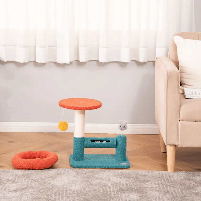 Árbol para Gatos Pequeños con Saco Extraíble con Campanas Poste Rascador de Sisal Pelota Colgante y Juguete 37x25x45cm Azul y Naranja