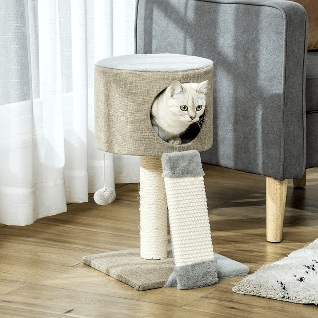 Árbol rascador para gatos Altura pequeña 50cm Árbol rascador para gatos con cueva Rampa rascadora de sisal natural y bolsa colgante 30x30x50cm