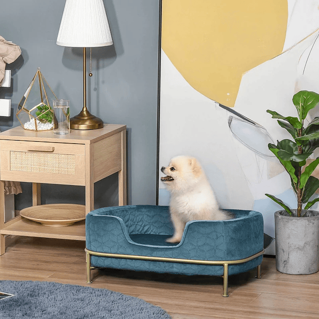 Velvet Pet Sofa Bed for Small Cats and Dogs with Soft Washable Cushion Metal Base and Raised Edges 63.5x43x24.5cm Blue