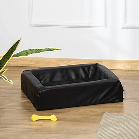 Cama para Cães Gatos Estofada em Couro PU Cama para Animais de Estimação Pequenos Amovível e Lavável com Zíper 58x49x14,5cm Preto