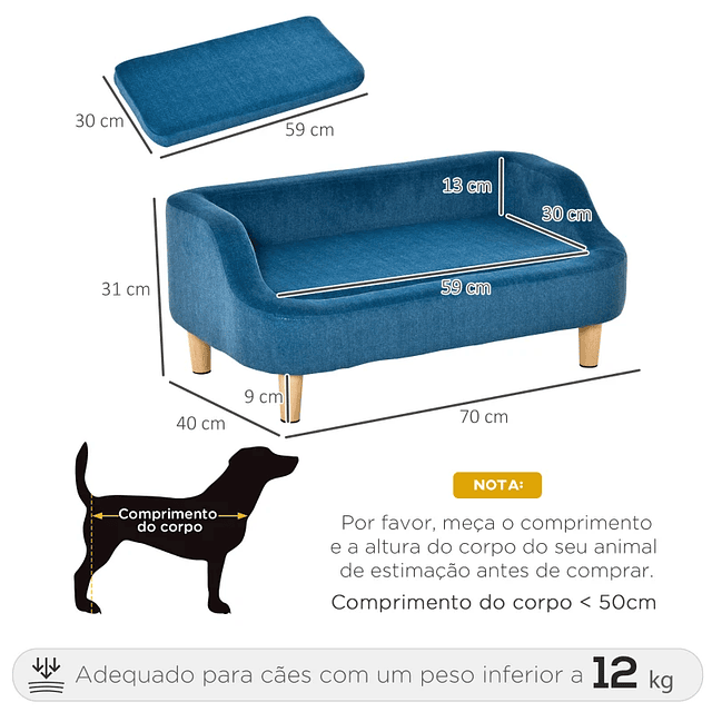 Sofa for Pets Upholstered in Velvet Sofa Bed for Medium and Small Dogs and Cats Thick Padded with Removable Cushion and Wooden Feet 70x40x31cm Blue