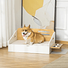 Cama de Madera para Perros Gatos Sofá para Mascotas Medianas y Pequeñas con Comedero 2 Comederos Cojín Acolchado 100x56x39cm Natural y Blanco