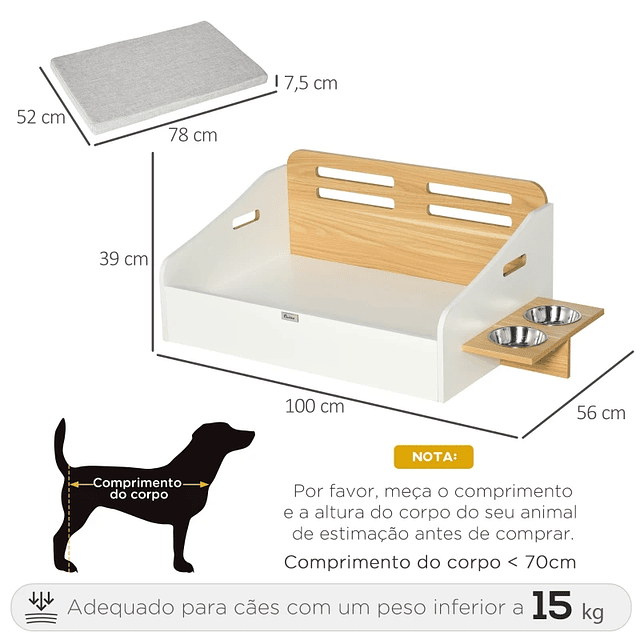 Cama de Madera para Perros Gatos Sofá para Mascotas Medianas y Pequeñas con Comedero 2 Comederos Cojín Acolchado 100x56x39cm Natural y Blanco