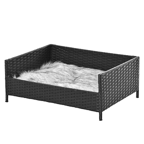 Sofá Cama para Cães de Vime Cama Elevada para Gatos Retangular com Almofada Suave e Lavável para Interior e Exterior 61x46x24,5cm Preto