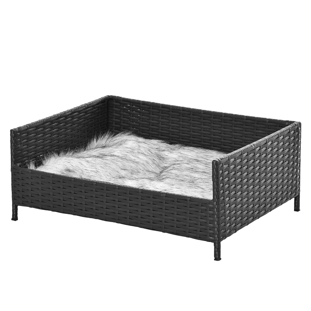 Wicker Sofa Bed Raised Cat Bed Rectangular with Soft Washable Cushion Indoor and Outdoor 61x46x24.5cm Black