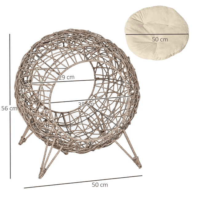 Cesta de cama cueva para gatos de mimbre para mascotas pequeñas con base de trípode Cojín suave 2 entradas Diseño elevado Ø50x56cm Cueva marrón y cojín beige