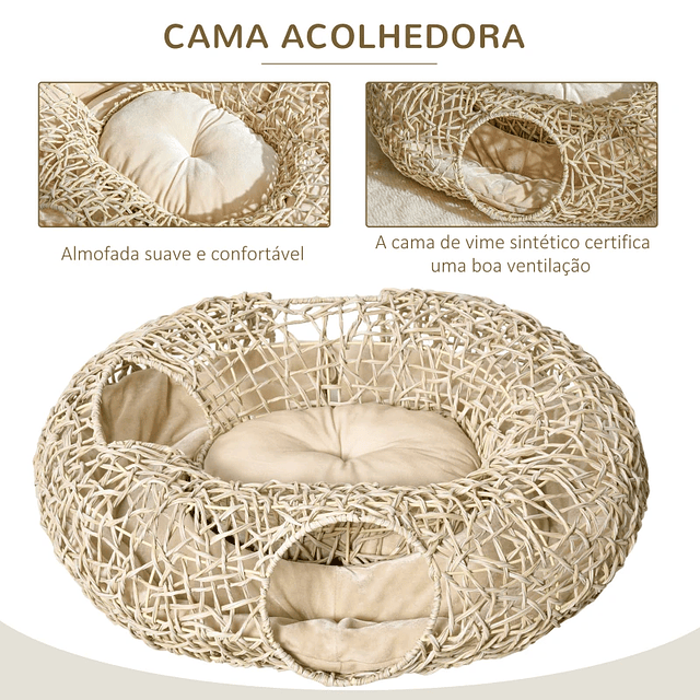 PE Wicker Cat Bed 78x69x22cm Cat Bed with Soft Cushion 3 Access Holes and Natural Ring Shape Channel