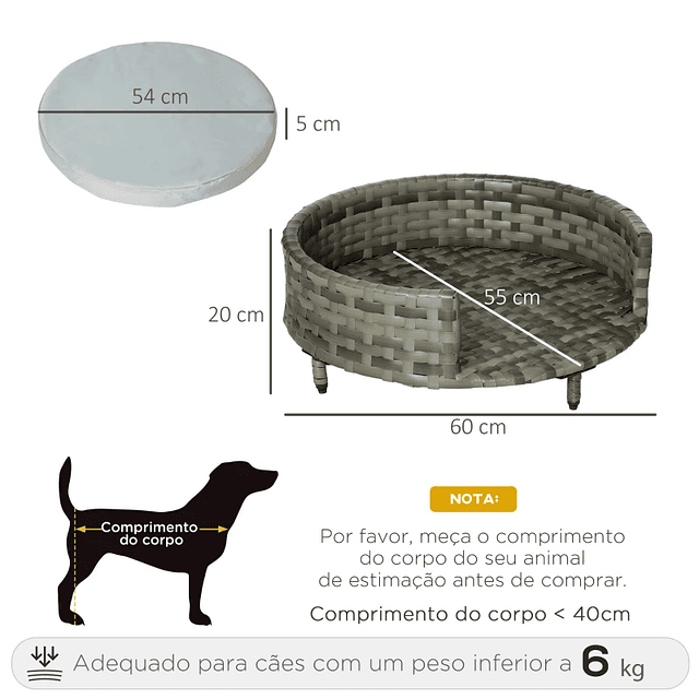 Sofá Cama para Cães e Gatos de Vime PE Cama Elevada Redonda para Animais de Estimação com Almofada Suave Lavável para Interior e Exterior 60x60x20cm Cinza
