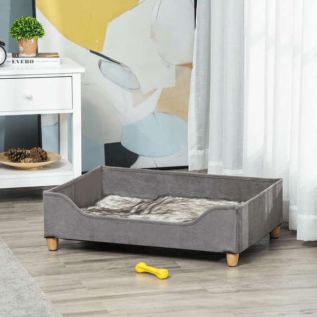 Sofá para Perros Gatos Cama para Mascotas Pequeñas y Medianas con Cojín Extraíble Lavable y Pies Elevados de Madera 81x56x23,5cm Gris