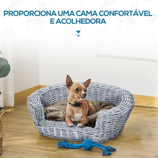 Cama para Cães de Vime Cama de Vime para Gatos Cães com Almofada Lavável 57x46x17,5cm Cinza