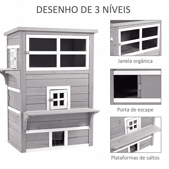 Casa para Gatos de Madeira Exterior Casa Grande para Gatos de 3 Andares com Múltiplas Entradas Janelas e 2 Plataformas para Terraço Balcão Jardim 98x68,5x122cm Cinza