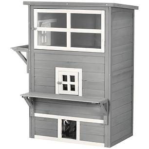 Casa para Gatos de Madeira Exterior Casa Grande para Gatos de 3 Andares com Múltiplas Entradas Janelas e 2 Plataformas para Terraço Balcão Jardim 98x68,5x122cm Cinza