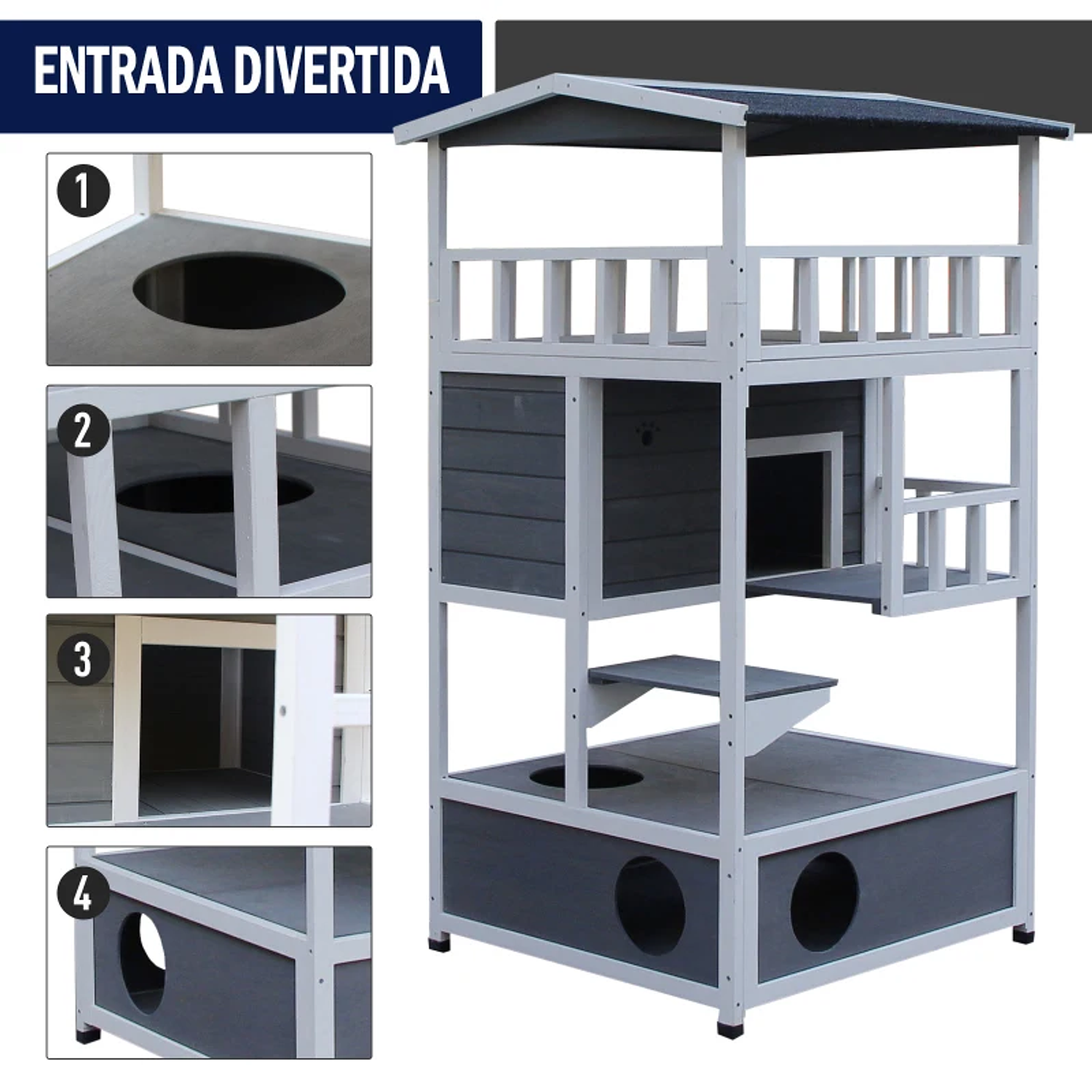 Casita de madera de abeto con amplio espacio de 4 plantas y espacio desmontable para arena 78x76x140cm 4