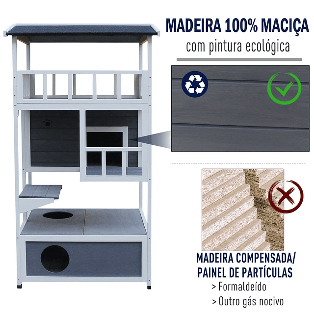 Caseta de madeira em abeto com espaço amplo com 4 pisos e espaço destacável para areia 78x76x140cm