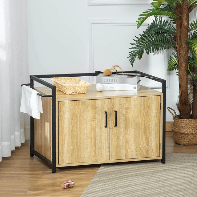 Mobile Wooden Cat House 2 in 1 Cat Litter Box with Storage Cabinet Large Workbench 2 Side Entrance Doors and Bar 82.3x51x54cm Natural