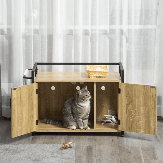 Mobile Wooden Cat House 2 in 1 Cat Litter Box with Storage Cabinet Large Workbench 2 Side Entrance Doors and Bar 82.3x51x54cm Natural