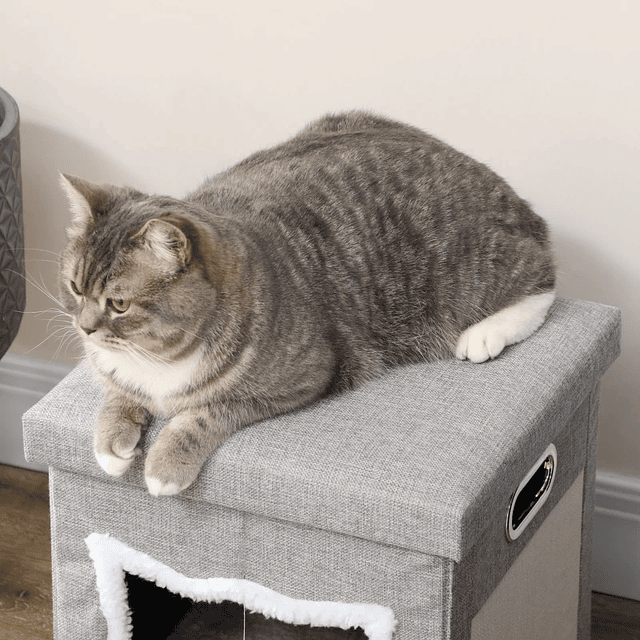 2 in 1 Cat House with Footstool with Removable Cushion and Scratching Cushion 35.5x35.5x42.5 cm Gray