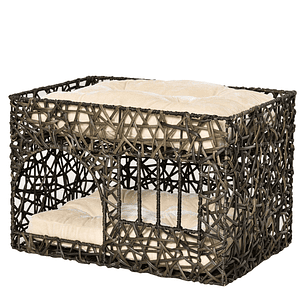 Cesta de Vime para Gatos de 2 Alturas Cama Caverna de Gatos com 2 Almofadas Suaves e Janela 56x41x45cm Café Escuro