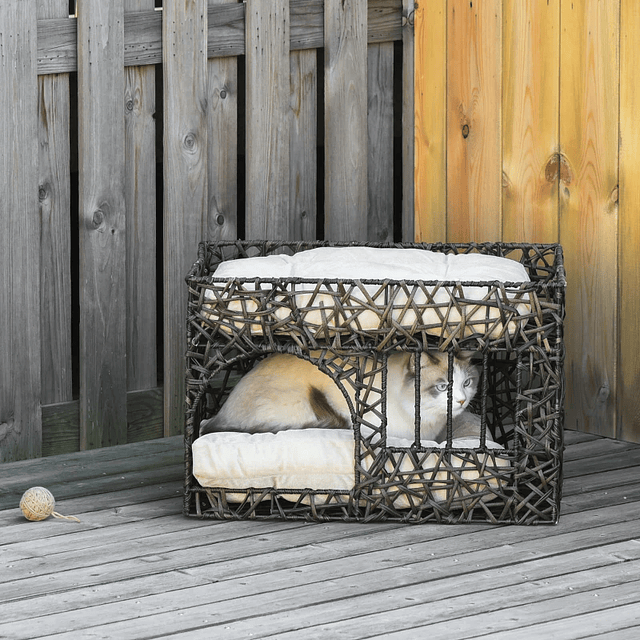 2 Height Wicker Cat Basket Cat Cave Bed with 2 Soft Pillows and Window 56x41x45cm Dark Coffee