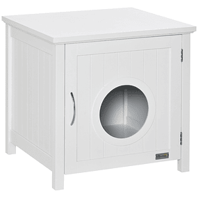 Casa para Gatos de Madeira Móvel para Caixa de Areia para Gatos 2 em 1 com Armário de Armazenamento Bancada Ampla Porta com Orifício de Entrada 51,5x48,2x51cm Branco