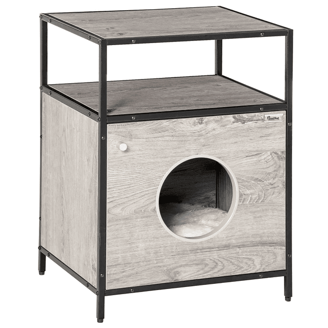 Casa para Gatos de Madeira com Aparência de Mesa Auxiliar com 2 Prateleiras de Armazenamento Caverna para Gatos com Almofada Removível e Lavável 48x40x65,5cm Carvalho