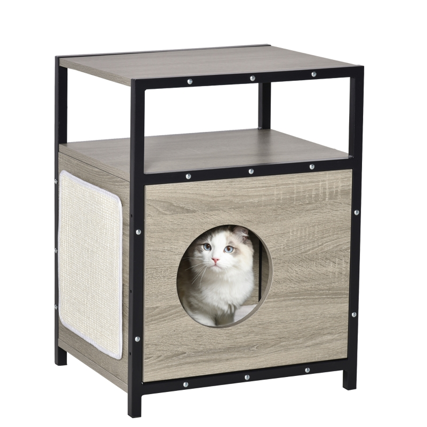 Casa para Gatos de Madeira com Aparência de Mesa Auxiliar Caverna com Almofada Extraível Porta com Orifício e Tapete Arranhador 48x40x64,5cm Carvalho Cinza 1