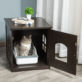 Caja de arena para gatos móvil 2 en 1 Casa de madera para gatos con armario de almacenamiento Banco Puerta ancha y 3 ventanas cruzadas 48,7x53,3x53 cm Marrón