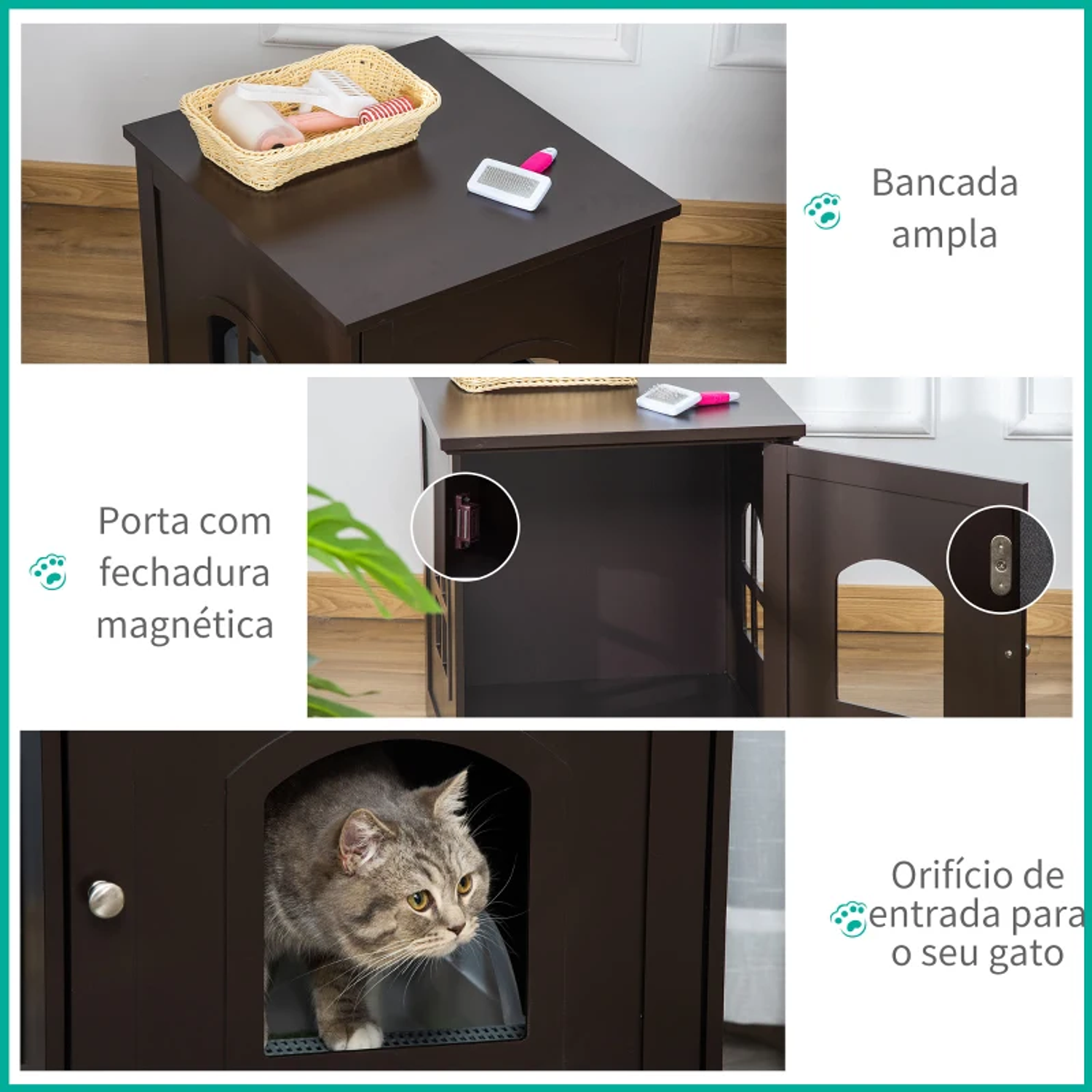 Caja de arena para gatos móvil 2 en 1 Casa de madera para gatos con armario de almacenamiento Banco Puerta ancha y 3 ventanas cruzadas 48,7x53,3x53 cm Marrón 5