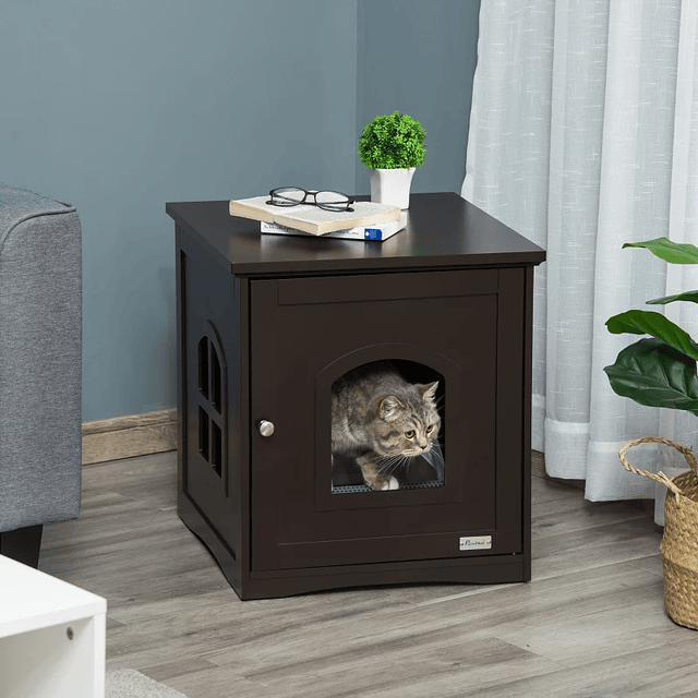 Caja de arena para gatos móvil 2 en 1 Casa de madera para gatos con armario de almacenamiento Banco Puerta ancha y 3 ventanas cruzadas 48,7x53,3x53 cm Marrón