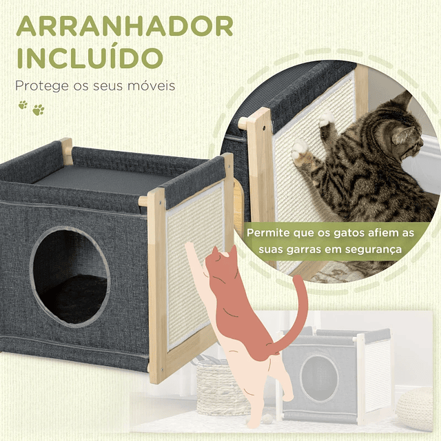 Casa para Gatos con Cojín Desmontable y Lavable Rascador de Sisal y Estructura de Madera 40x40x40,5cm Gris