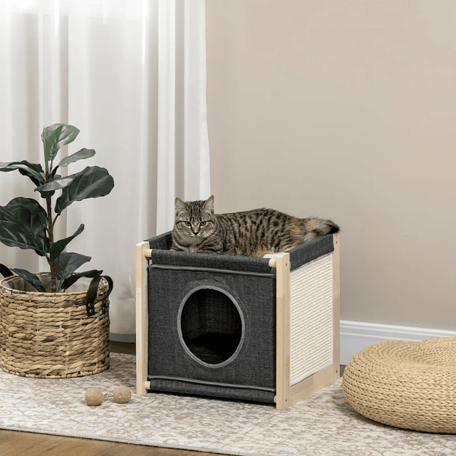 House for Cats with Removable and Washable Cushion Sisal Scratcher and Wooden Structure 40x40x40,5cm Gray