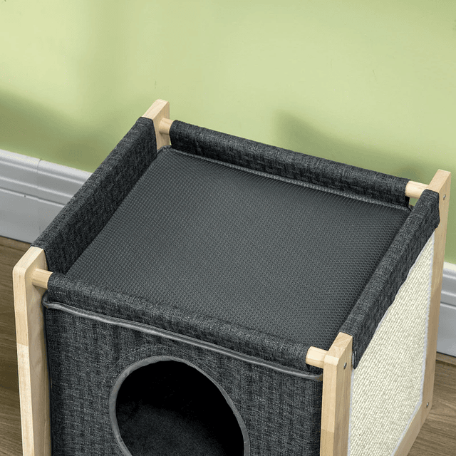 Casa para Gatos con Cojín Desmontable y Lavable Rascador de Sisal y Estructura de Madera 40x40x40,5cm Gris