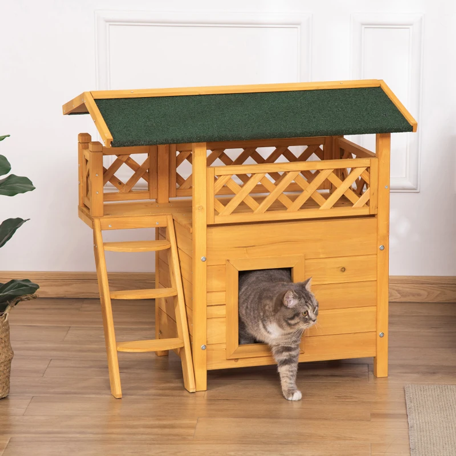 Casa para gatos de madera 77x50x73cm Casa para gatos de 2 niveles con techo de asfalto Terraza cercada Cueva y escaleras para interior y exterior 7