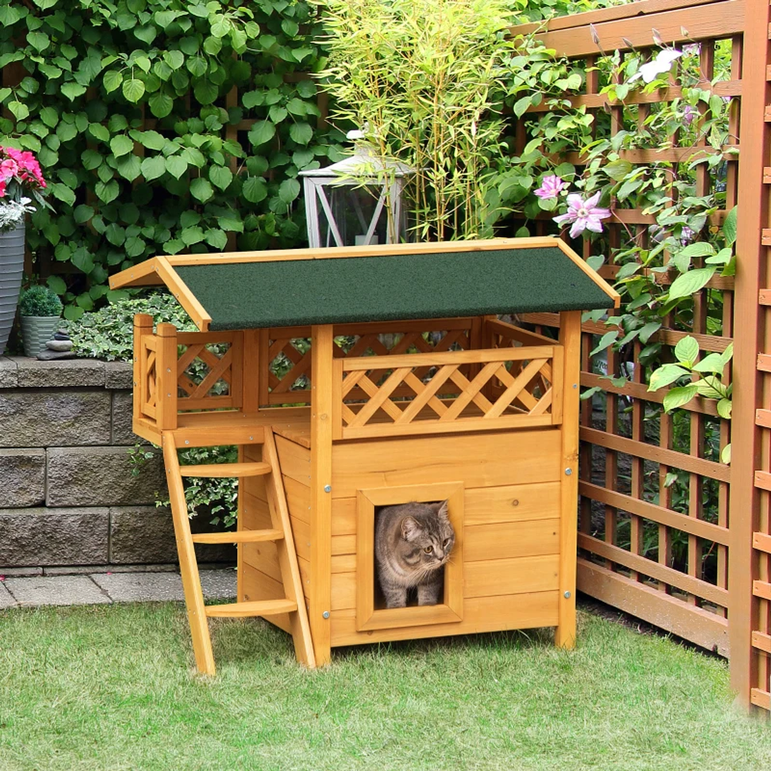 Casa para gatos de madera 77x50x73cm Casa para gatos de 2 niveles con techo de asfalto Terraza cercada Cueva y escaleras para interior y exterior 6