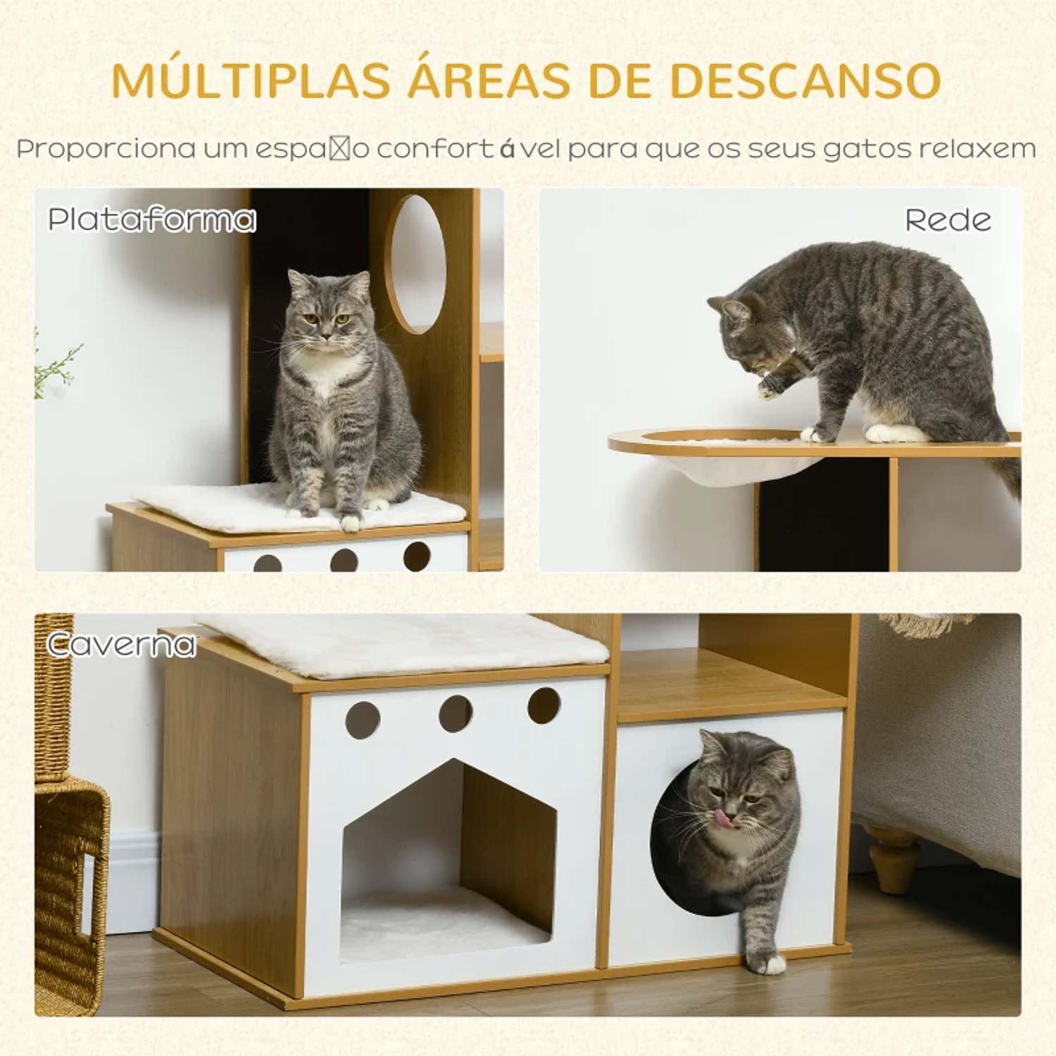 Casa para Gatos de Madeira com 2 Cavernas Arranhador Rede e Almofadas de Pélucia 76x37x92,5 cm Carvalho e Branco 3