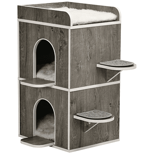 Casa para Gatos de Madeira com Forma de Barril 3 Almofadas 2 Orifícios Frontais e 2 Plataformas Laterais 68x53x80,5cm Cinza