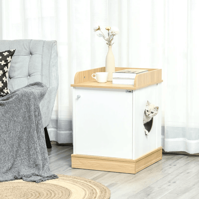 Casa para Gatos de Madeira Móvel Caixa de Areia para Gatos 2 em 1 com Bancada de Armazenamento Porta e Orifício de Entrada Lateral 48,5x53x67cm Branco e Carvalho