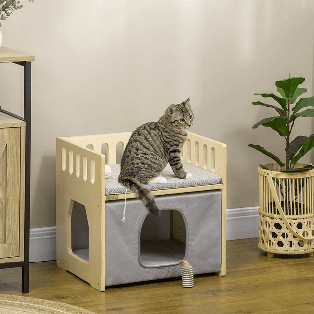 Wooden Cat House with 2 Pillows and Removable Oxford Fabric Cover 48x38x47cm Wood and Gray