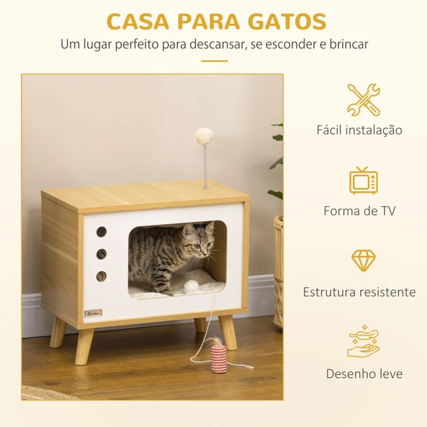 Mesa Auxiliar Casa para Gatos Estilo Televisor com Almofada Suave Lavável Bola e Pés Elevados 50x28x43cm Carvalho 3