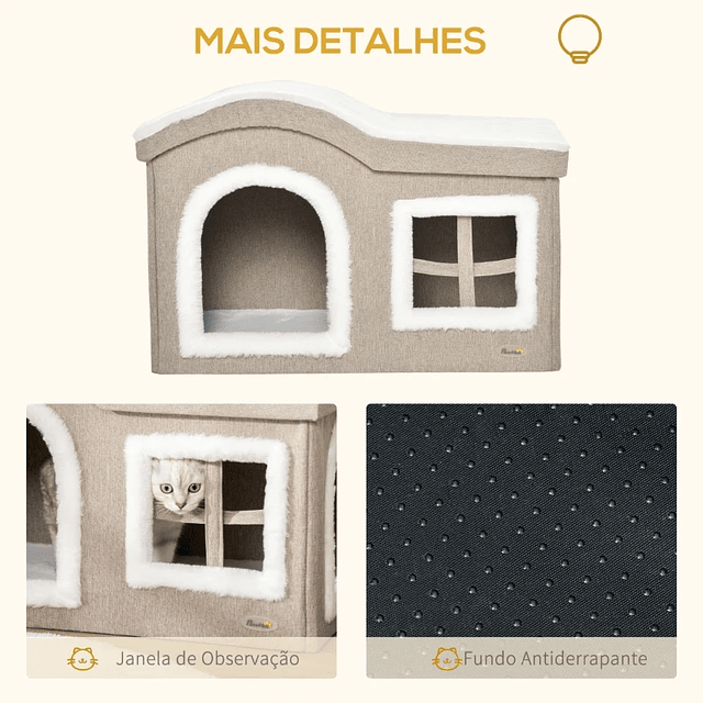 Collapsible Cat House Large Cat Cave with Removable Lid Cushions 2 Entrances and Window 63.5x37x40cm Beige