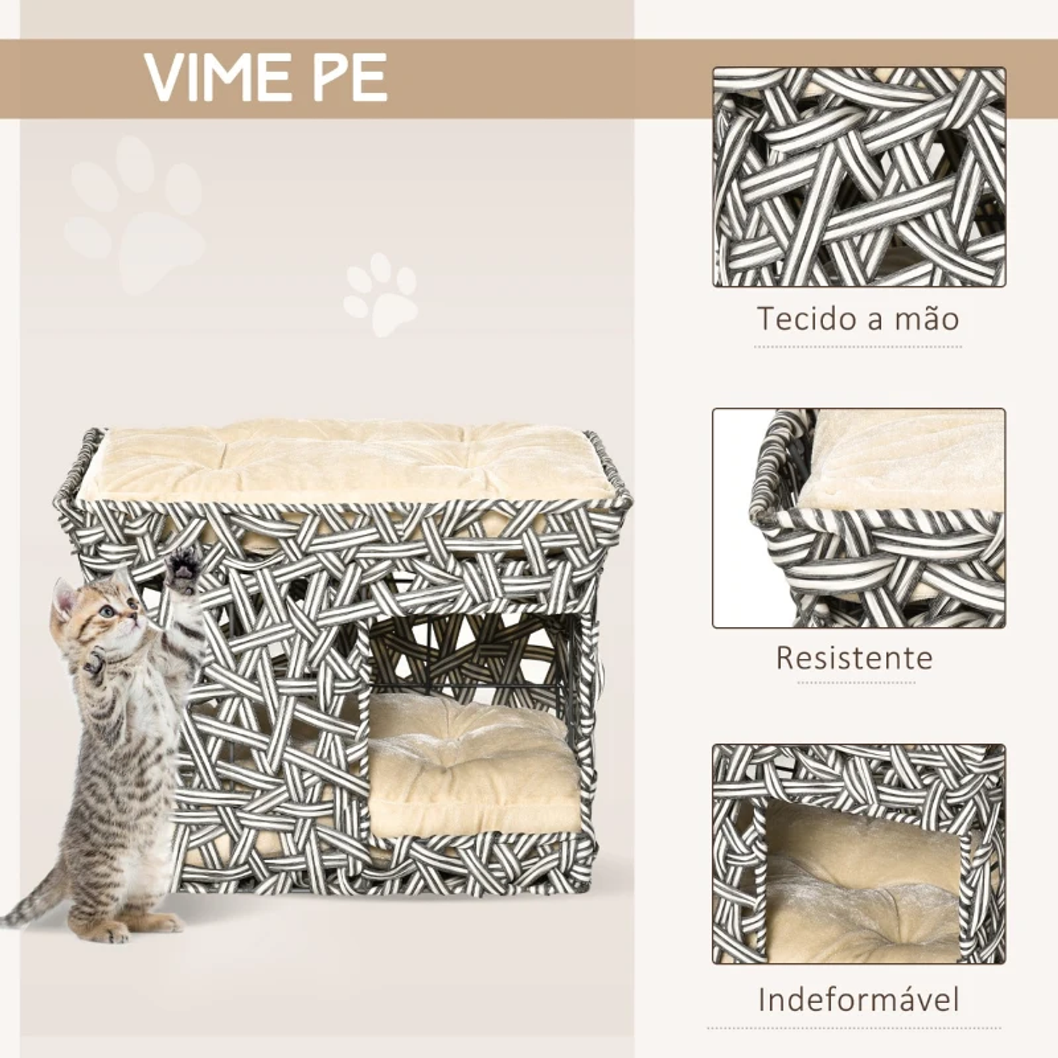 Cesta de Vime para Gatos de 2 Níveis Cama Caverna de Gatos com 2 Almofadas Suaves Estrutura de Metal 51x42x37cm Cinza e Bege 5