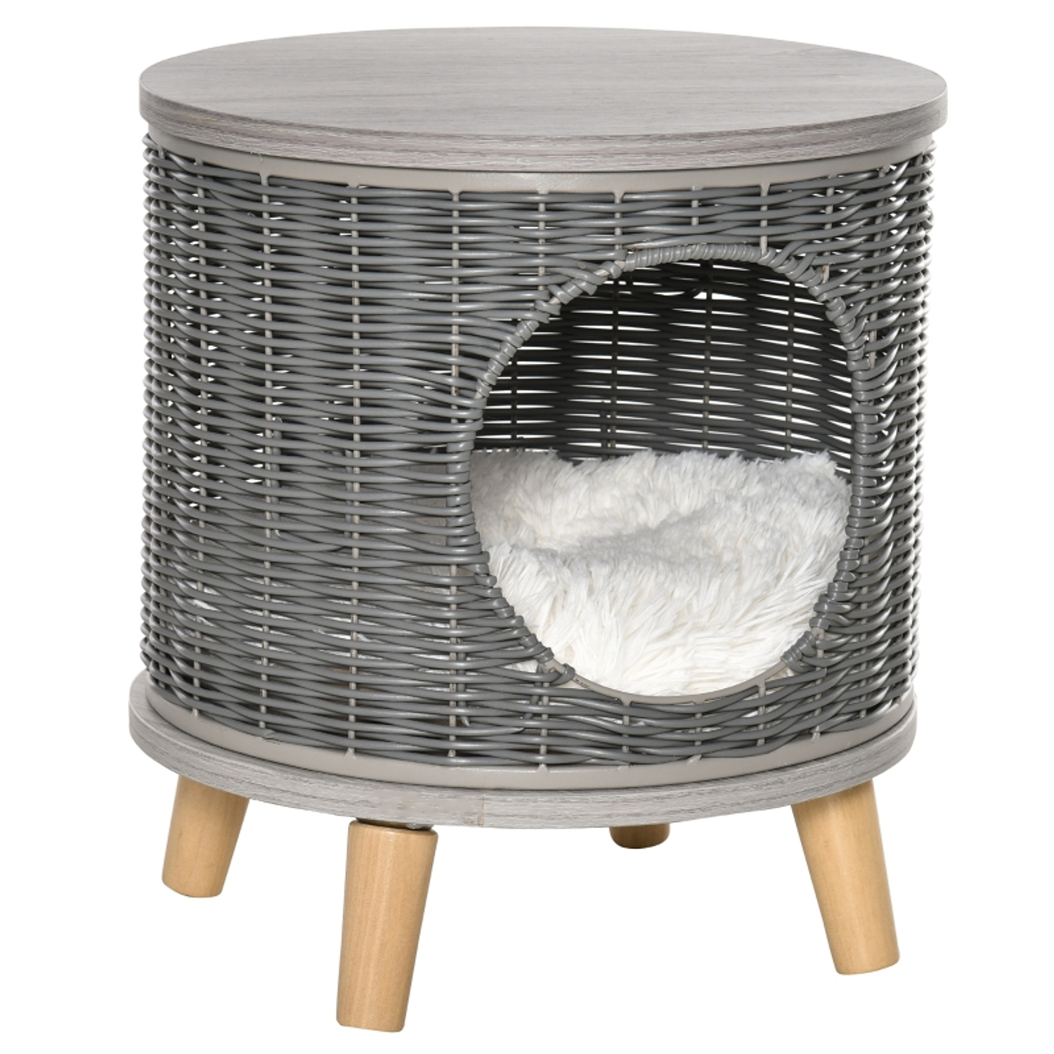 Wicker Cat Cave Round Cat House with Washable Mat Removable Pine Wood Feet Ø36x40,5cm Gray 1